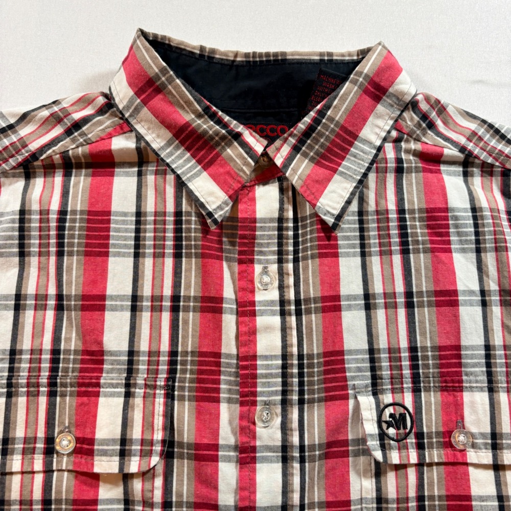 Mecca Plaid Button Down Shirt Mens Large Red Black Short Sleeve Cotton Blend